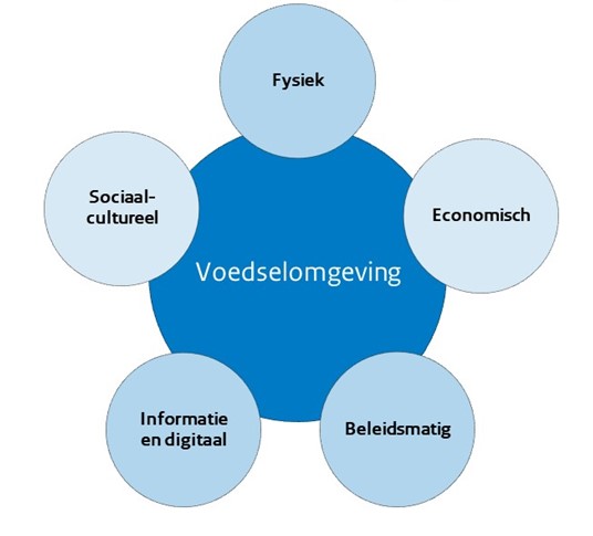  Dimensies van de voedselomgeving, weergegeven als cirkel met 5 cirkels eraan vast. Hierin staan de dimenties: fysiek; sociaal-cultureel; economisch; informatie en digitaal; beleidsmatig