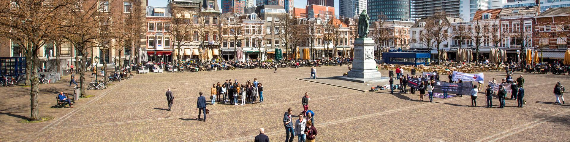 Nederland, Zuid-Holland, Den Haag, april 2015. Overzicht Plein in Den haag met terrassen, een demonstratie en toeristen, in het midden het standbeeld van Willem van Oranje. In de achtergrond de hoogbouw met diverse ministeries rond Den Haag CS. Foto Bart van Vliet