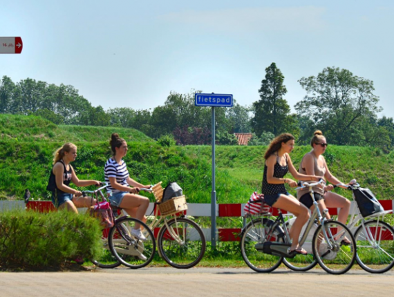 vier jongvolwassen dames fietsen op stadsfietsen op een fietspad met een zeer groene omgeving om zich heen.