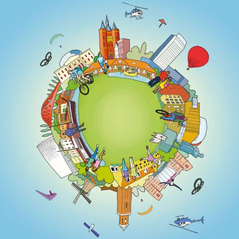 illustratie omgevingsvisie zwolle, een 'wereldbol' met de stad eromheen gewikkeld